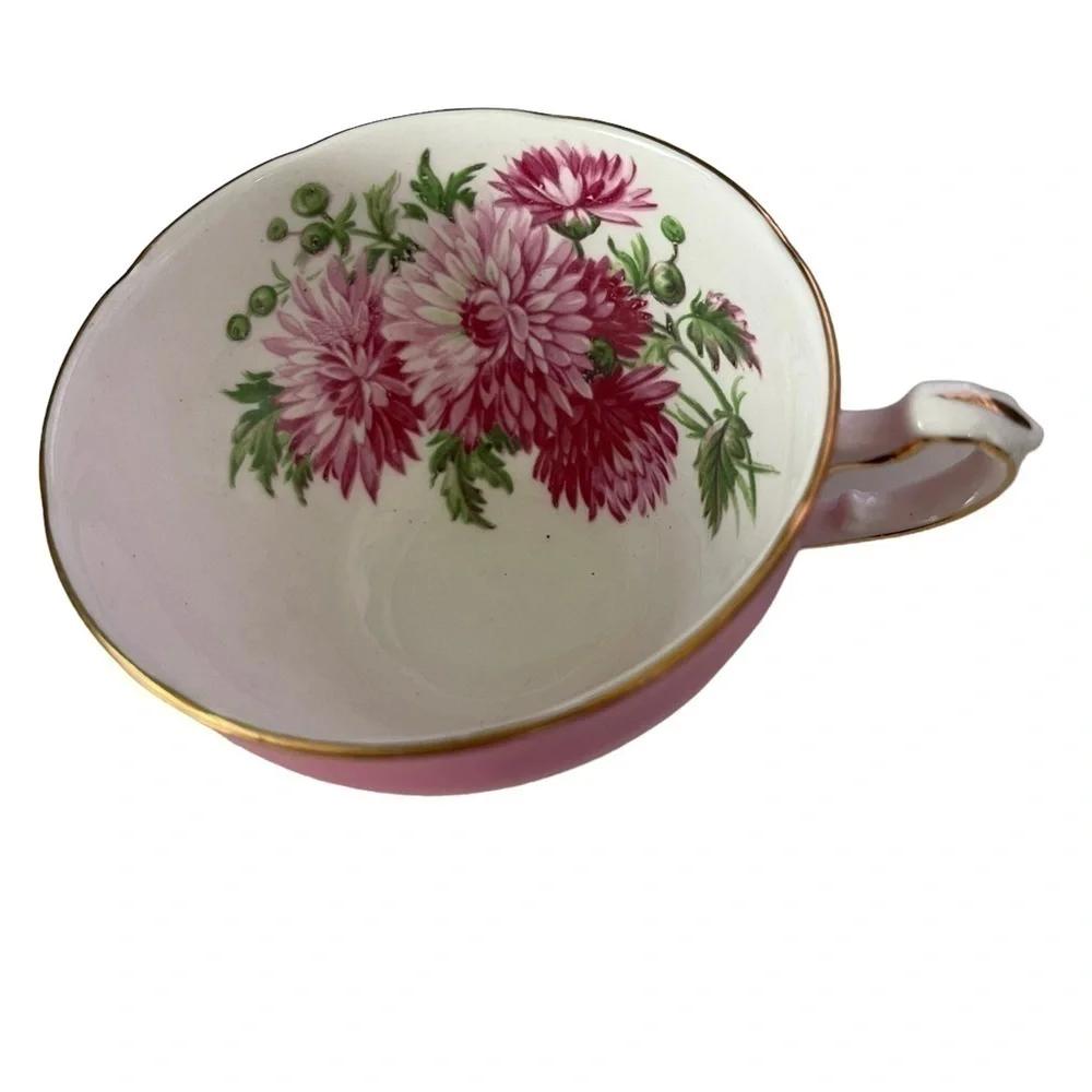 Adderley Teacup only , pink Chrysanthmum with greenery.